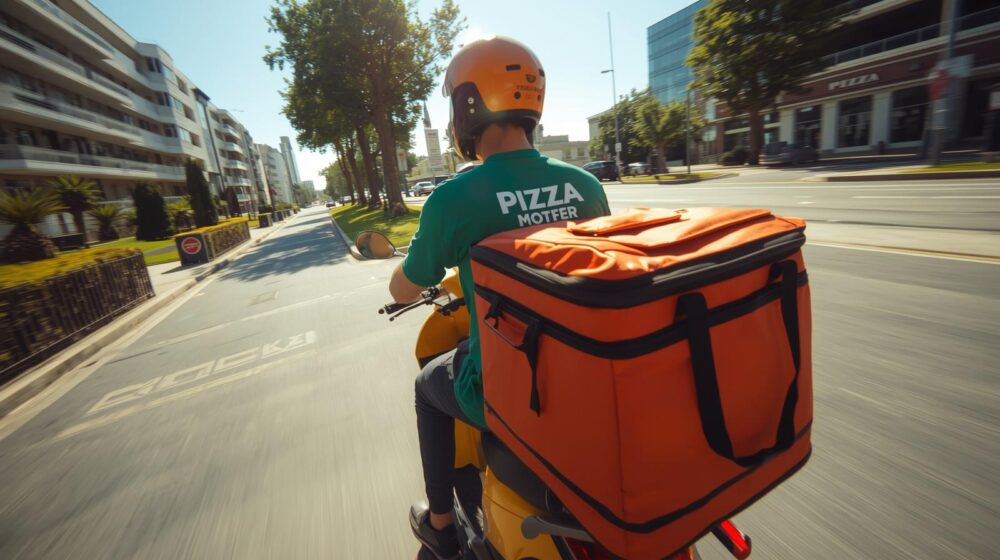 een pizzabezorger op de scooter onderweg, beeld vanaf de zijkant. de bezorger kijkt niet de camera in