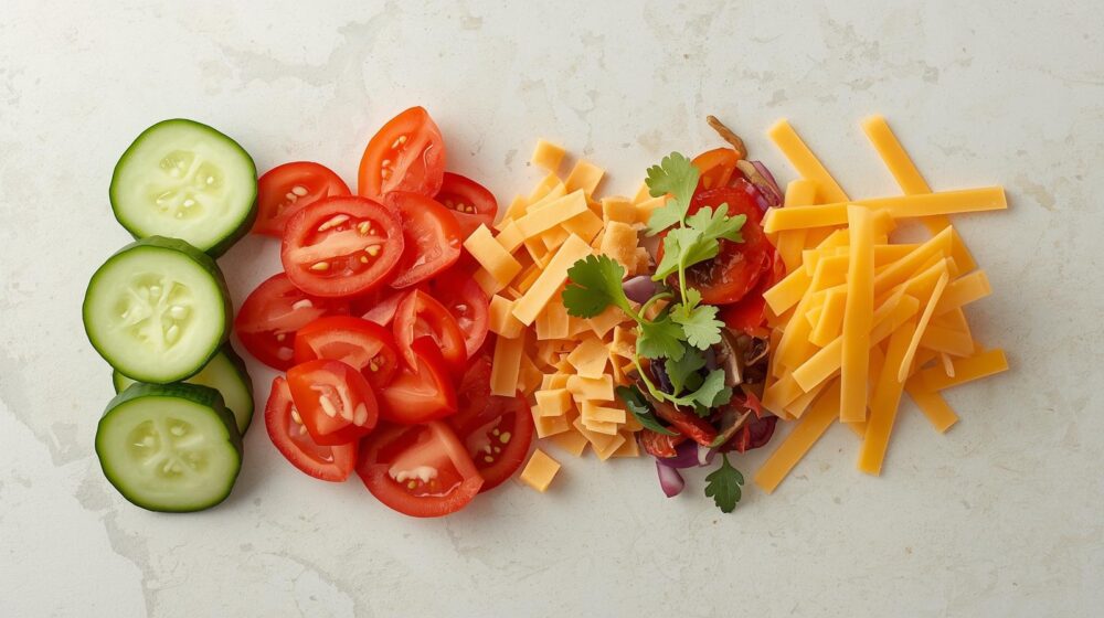 schijfjes komkommer, tomaat, cheddar, en andere losse topping van een burger